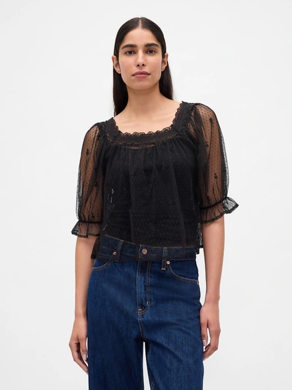 NWT GAP Sheer Tulle Embroidered Top Medium